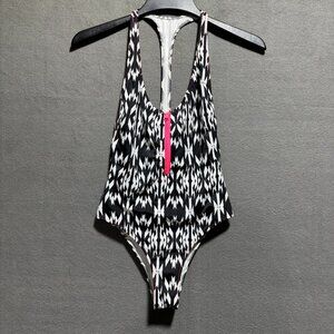 Victoria's Secret One Piece Swimsuit Front Zip Cheeky Black White Printed Size S
